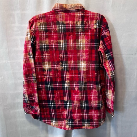 Upcycled Bleached Distressed Red Plaid Button Down Shirt Sz L - Picture 3 of 5